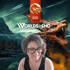 Woman with glasses smiling in front of a digital landscape with a dragon and "WORLDS WITHOUT END" text.