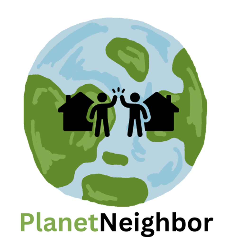 Globus mit zwei Häusern und zwei Personen, die sich die Hände reichen. Darunter steht „PlanetNeighbor“.