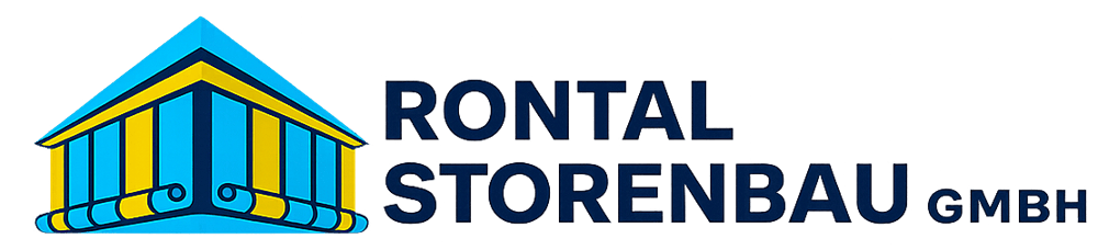 Blaues und gelbes Logo mit stilisiertem Gebäude und dem Text "RONTAL STORENBAU GmbH".