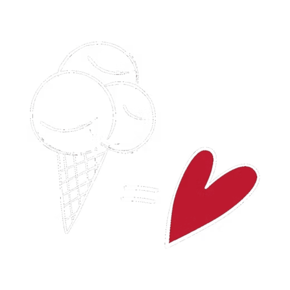 Eine weiße Eiswaffel mit drei Kugeln, einem Gleichheitszeichen und einem roten Herz.
