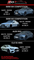 Werbetafel mit vier Sportwagen: BMW M4 Competition (grau), BMW M3 Competition (weiß), Audi RS3 (grau), CLE 53 AMG (weiß).