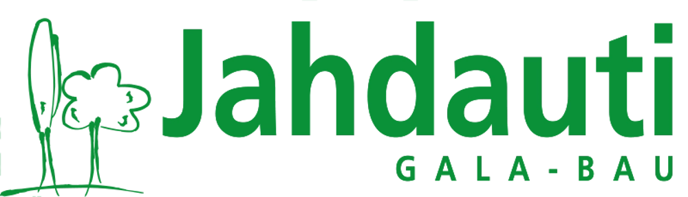 Grünes Logo mit zwei Bäumen und dem Text "Jahdauti GALA-BAU".