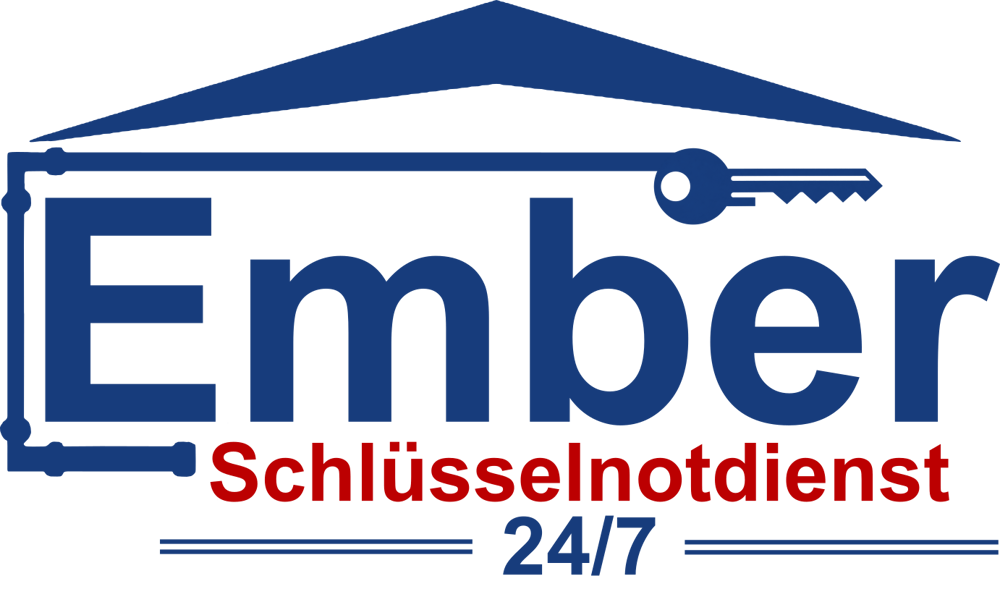 Logo von Ember Schlüsselnotdienst 24/7 mit blauem Schriftzug, Haussymbol und Schlüssel auf schwarzem Hintergrund.