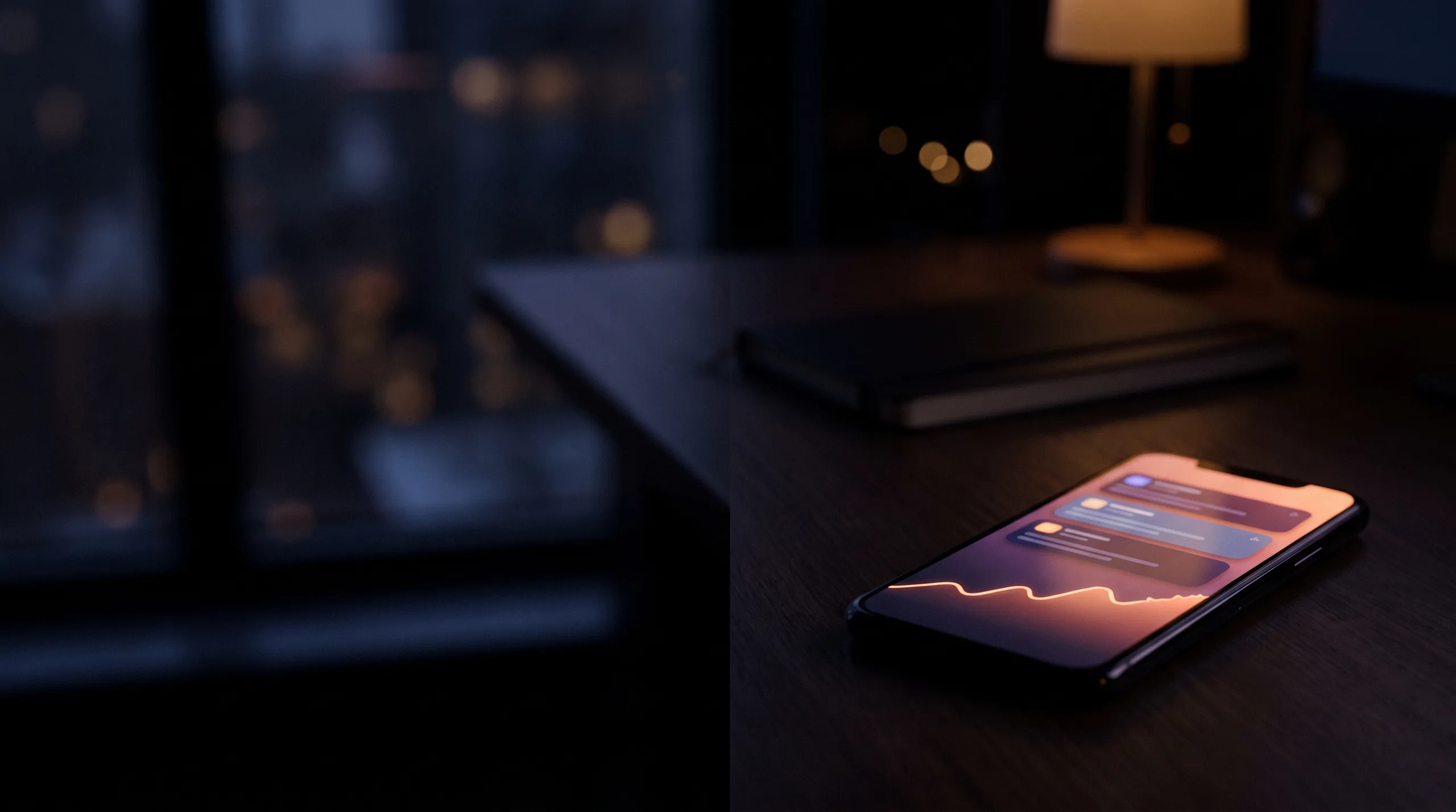 Smartphone mit Benachrichtigungen auf einem Schreibtisch am Abend
