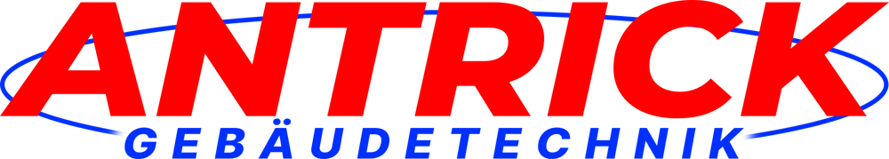 Roter Antrick Gebäudetechnik Schriftzug mit blauer Ellipse auf schwarzem Hintergrund.