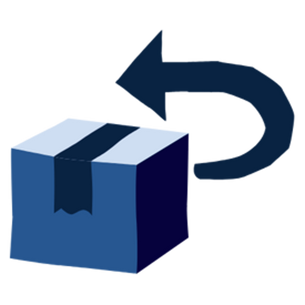 Ein blaues Paket mit einem Pfeil, der eine Rücksendung anzeigt.