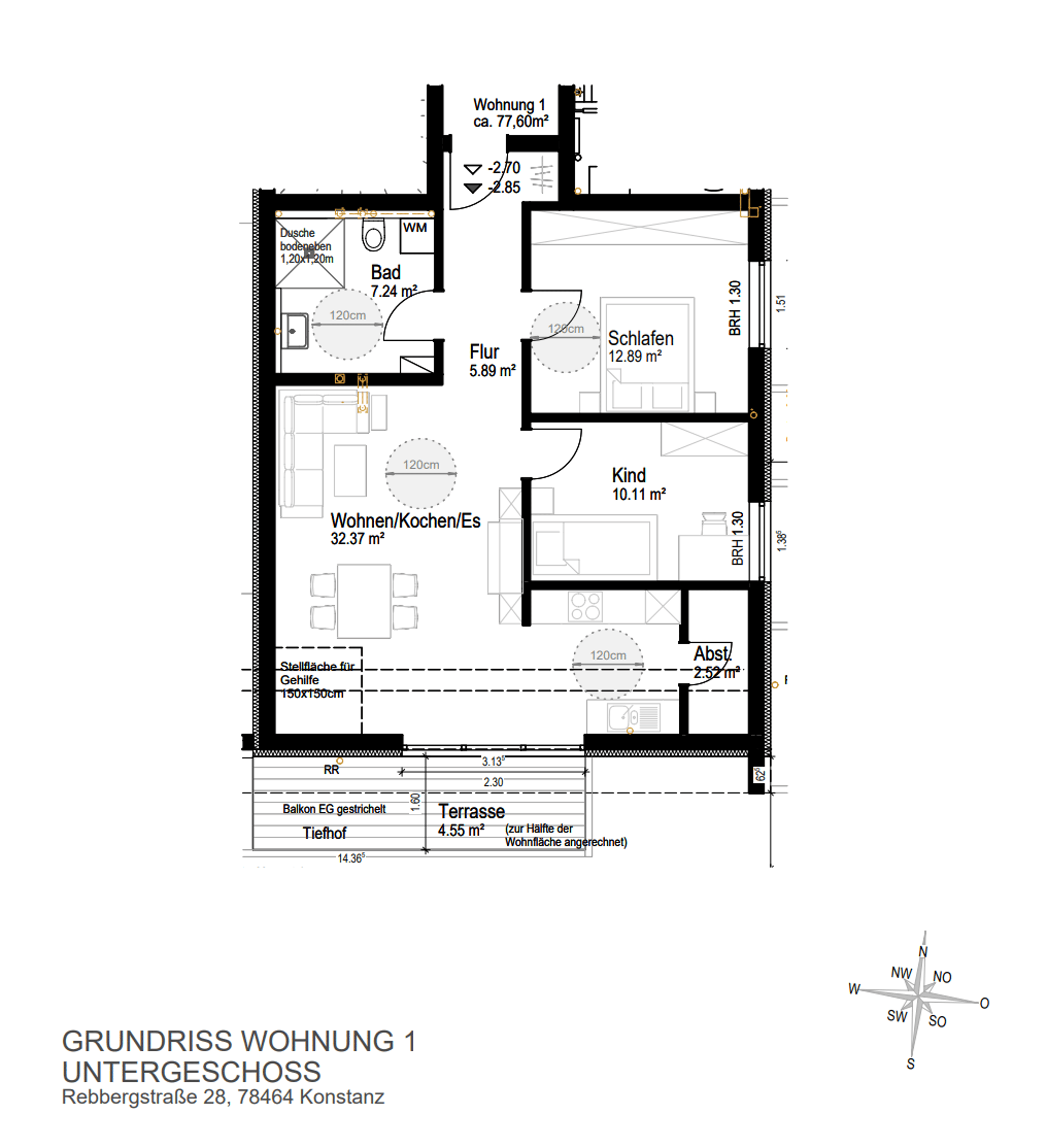 Grundriss Wohnung 1, 3 Zimmer, ca. 76 m²