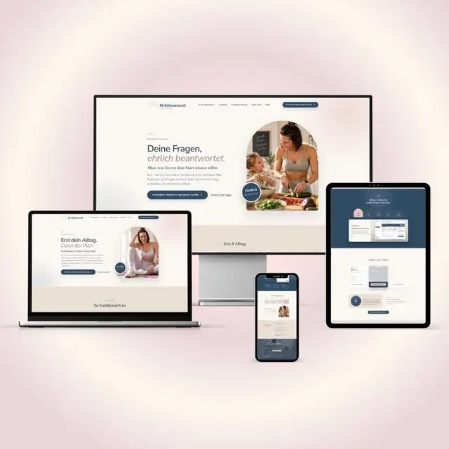 Website für ein Fitnesscoaching für Mütter auf Laptop, Tablet und Handy