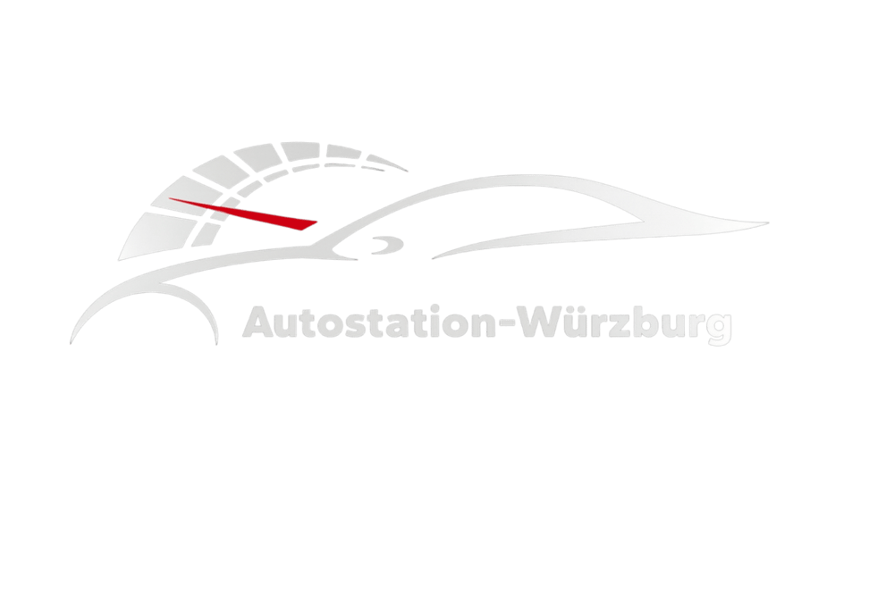 Logo Autostation-Würzburg: weiße Silhouette eines Autos mit Tacho und rotem Zeiger auf grünem Hintergrund.
