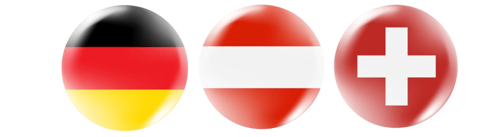 Drei glänzende, runde Flaggen-Icons: Deutschland (schwarz-rot-gold), Österreich (rot-weiß-rot) und Schweiz (rotes Feld mit weißem Kreuz).