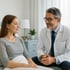 Lächelnder Arzt im weißen Kittel spricht mit lächelnder Patientin im grauen Oberteil auf dem Bett.