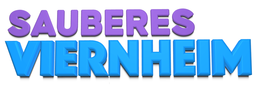 Schriftzug "SAUBERES VIERNHEIM" in lila und blau mit Schatten.