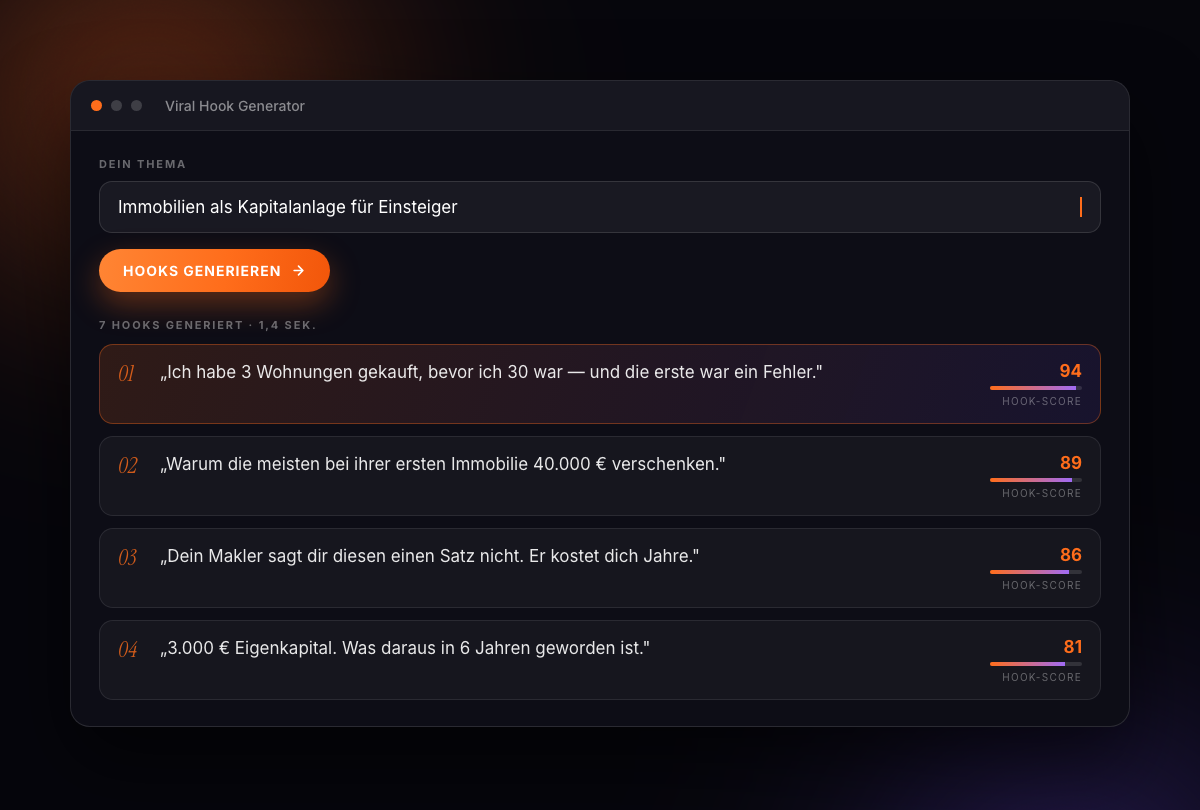 Viral Hook Generator: Thema eingeben, bewertete Hooks erhalten