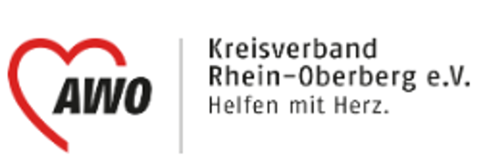 Logo der AWO Kreisverband Rhein-Oberberg e.V. mit rotem Herz und dem Slogan Helfen mit Herz.