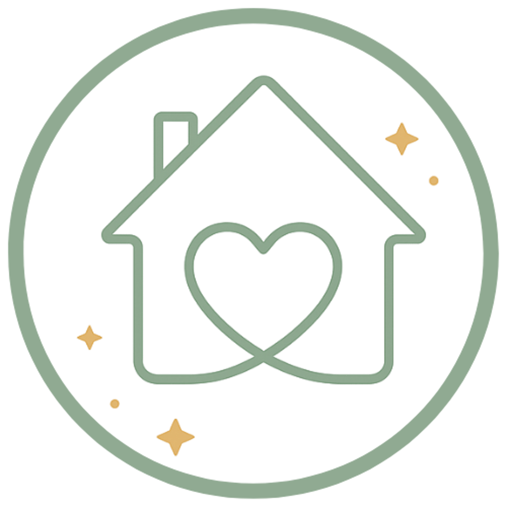 Ein Hausumriss mit einem Herz im Inneren, umgeben von einem Kreis und kleinen Sternen auf grünem Hintergrund.