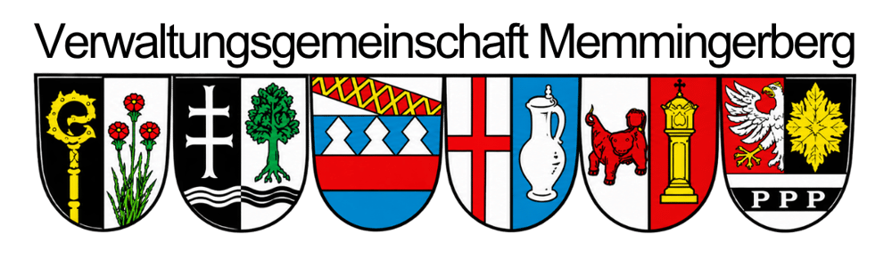 Sechs heraldische Wappen mit Symbolen wie Bischofsstab, Baum, Kreuz, Krug und Adler nebeneinander auf schwarzem Hintergrund.