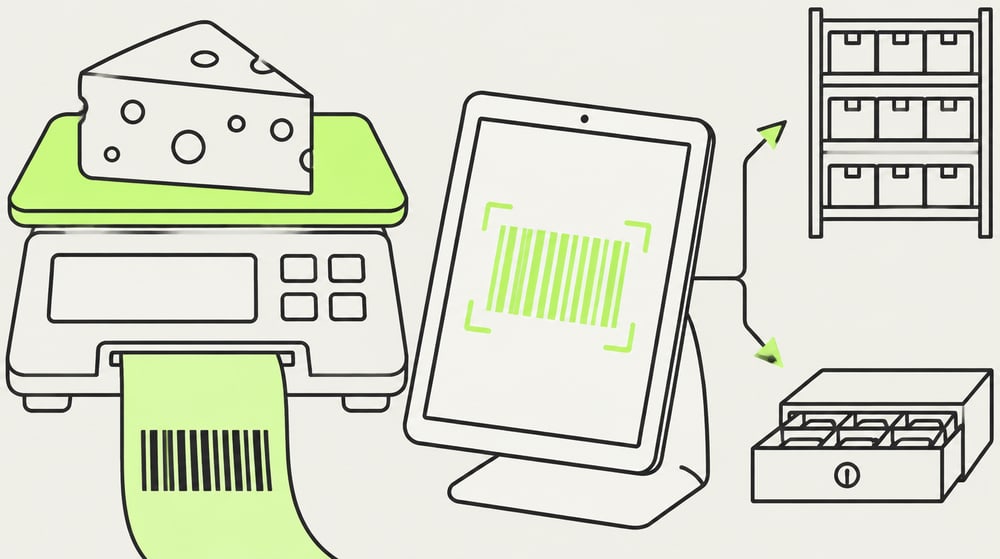 Illustration: Ladenwaage mit Käsestück und Bon mit Barcode, daneben ein Tablet, das den Barcode liest, mit Pfeilen zu Kassenschublade und Lagerregal