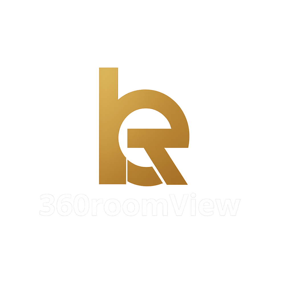 Goldenes Logo "360roomView" auf dunkelgrünem Hintergrund, bestehend aus stilisierten Buchstaben "LR".