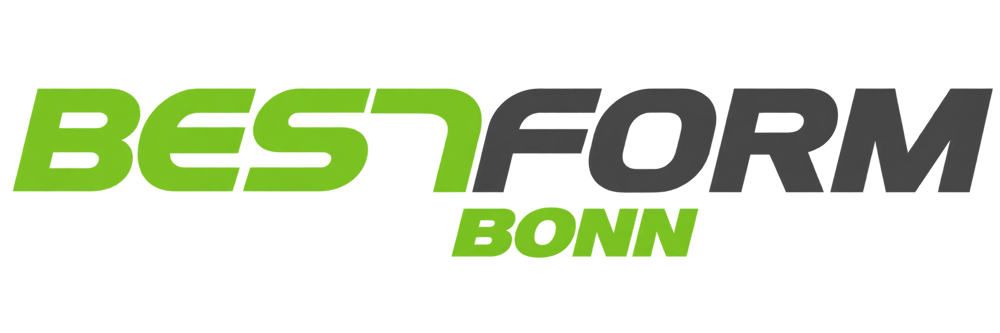 Logo von Bestform Bonn mit grünem Schriftzug Best, grauem Form und grünem Bonn auf schwarzem Hintergrund.