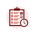 Rotes Klemmbrett mit einer Checkliste, Zeitstrahl-Symbolen und einer Uhr für Zeitmanagement und Planung - Software für Stabsarbeit - Notfall- und Krisenmanager (NKM®).