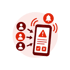Smartphone mit Warnsymbol und Glocke empfängt Benachrichtigungen von drei Personen-Icons - Software für Stabsarbeit - Notfall- und Krisenmanager (NKM®).