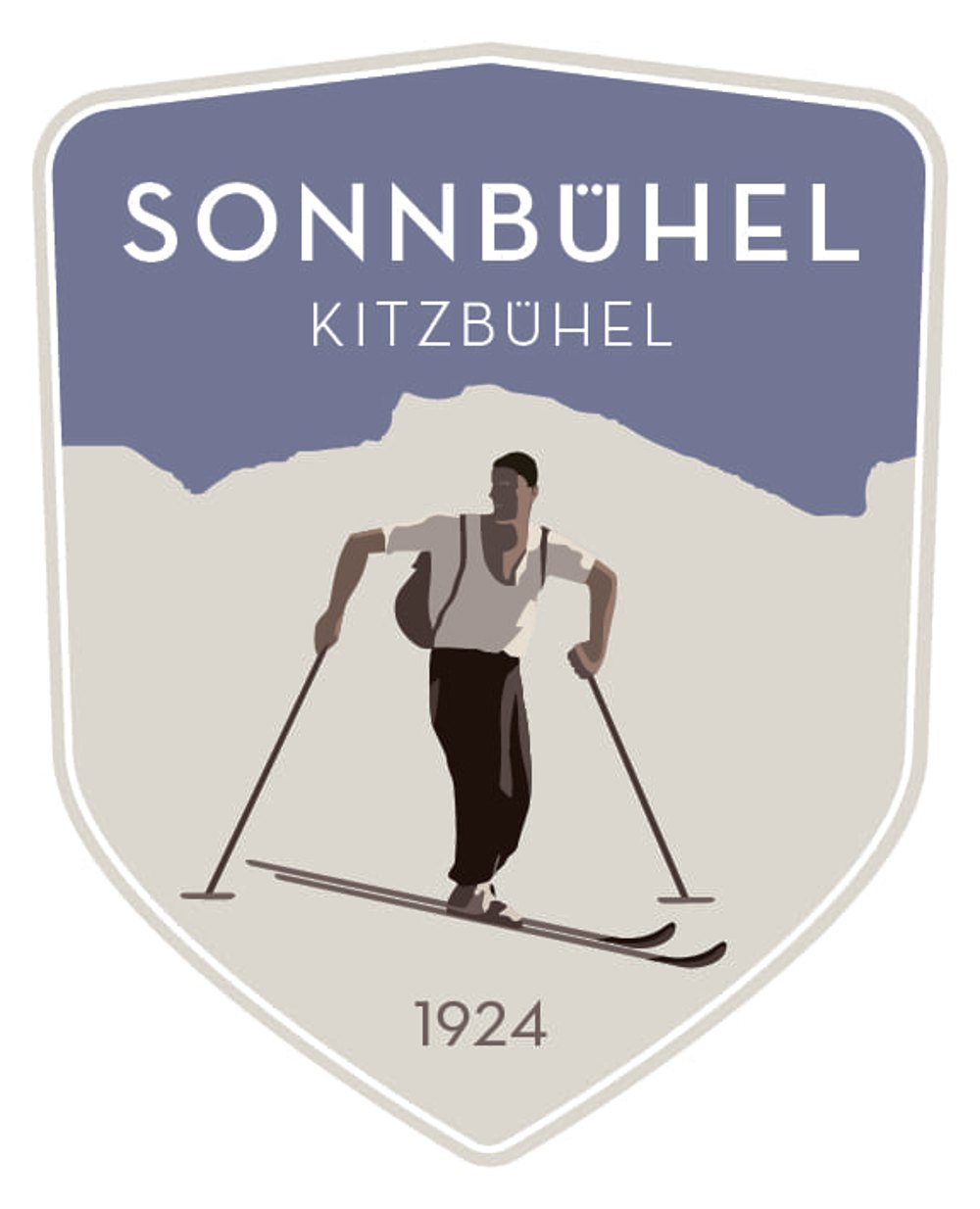 SonnBühel Kitzbühel Logo mit Skifahrer und Bergen, Jahreszahl 1924.