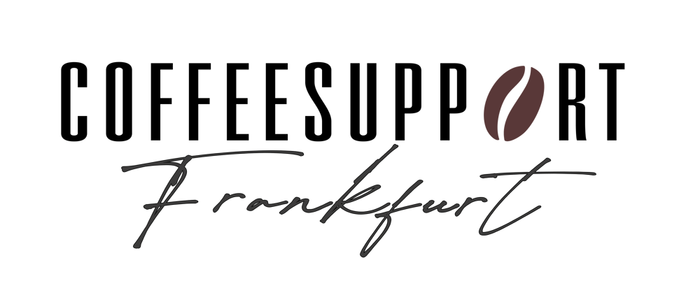Rundes braunes Logo mit weißem Kaffeebohnensymbol, umgeben von "COFFEE SUPPORT" und zwei Sternen.