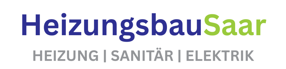 Logo: HeizungsbauSaar in Blau und Grün, darunter HEIZUNG | SANITÄR | ELEKTRIK in Grau auf dunkelgrünem Grund.