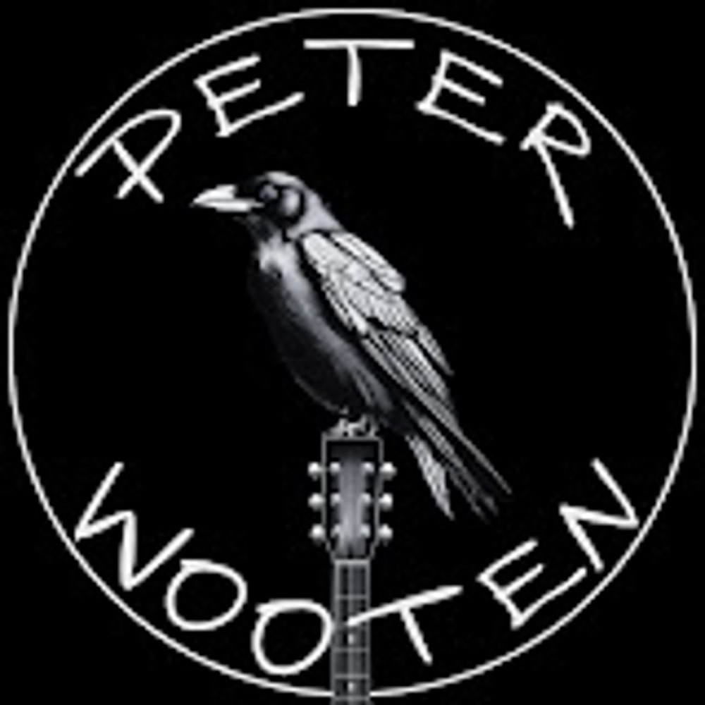 Black and white logo of a crow perched on a guitar headstock, with "PETER WOOTEN" text in a white circle.