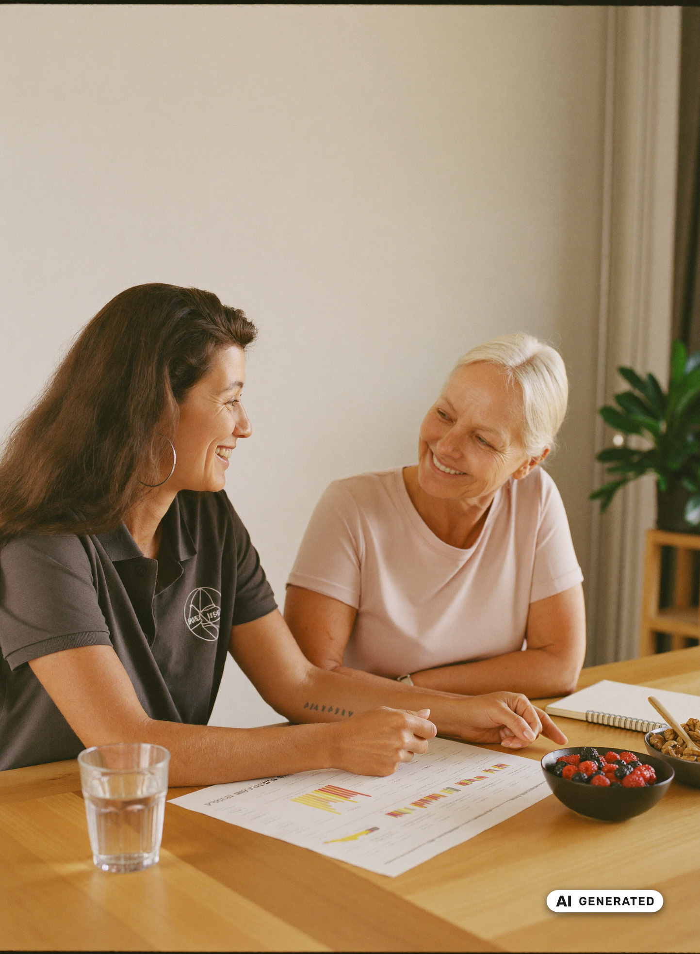 Ernährungscoach und Mitglied besprechen am Tisch eine Körperanalyse, daneben Beeren und Nüsse