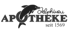 Logo der Delphin-Apotheke mit einem springenden Delfin und dem Schriftzug Apotheke seit 1569 auf schwarzem Hintergrund.