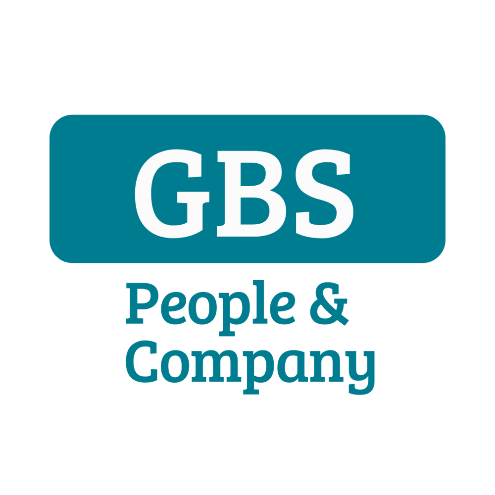 GBS People & Company Logo: Weißer Text "GBS" in einem blauen Rechteck über dem blauen Text "People & Company"