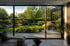 Blick durch eine große Glasschiebetür vom Wohnzimmer auf einen gepflegten grünen Garten mit Terrasse.