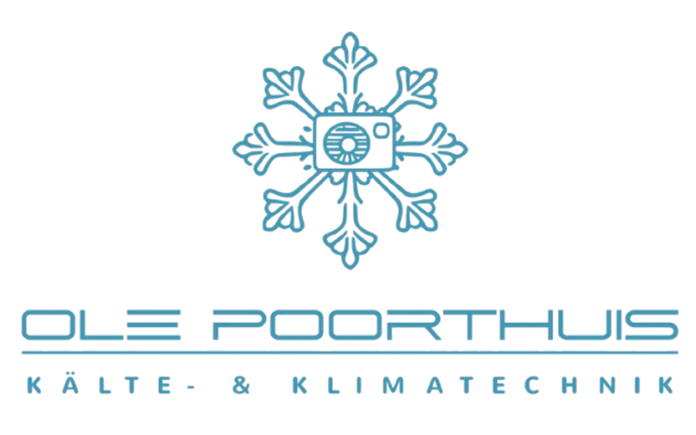 Ole Poorthuis Kälte- & Klimatechnik Logo mit blauem Schneeflockensymbol auf grünem Hintergrund.