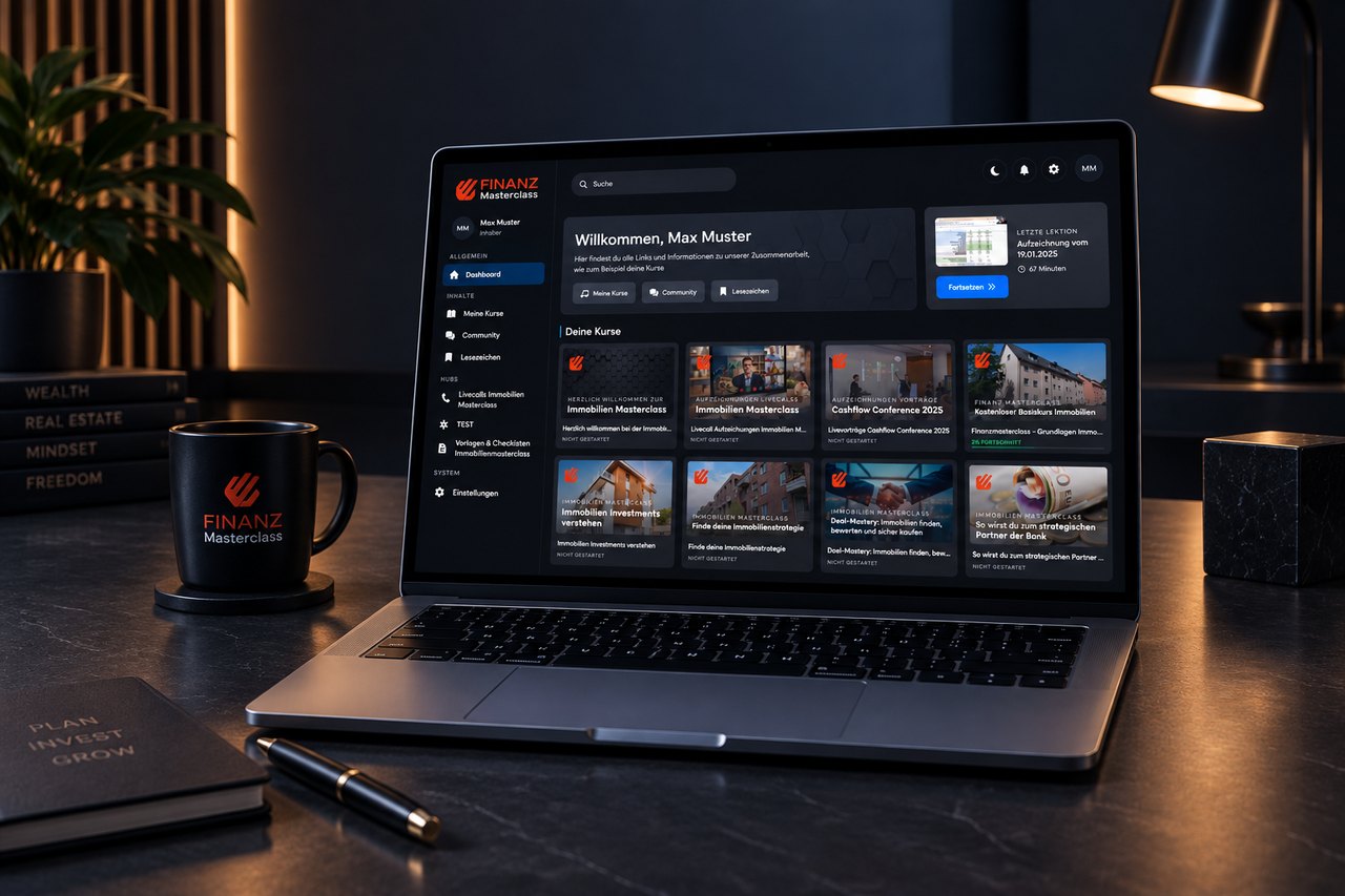 Finanz Masterclass Lernplattform Dashboard auf Laptop