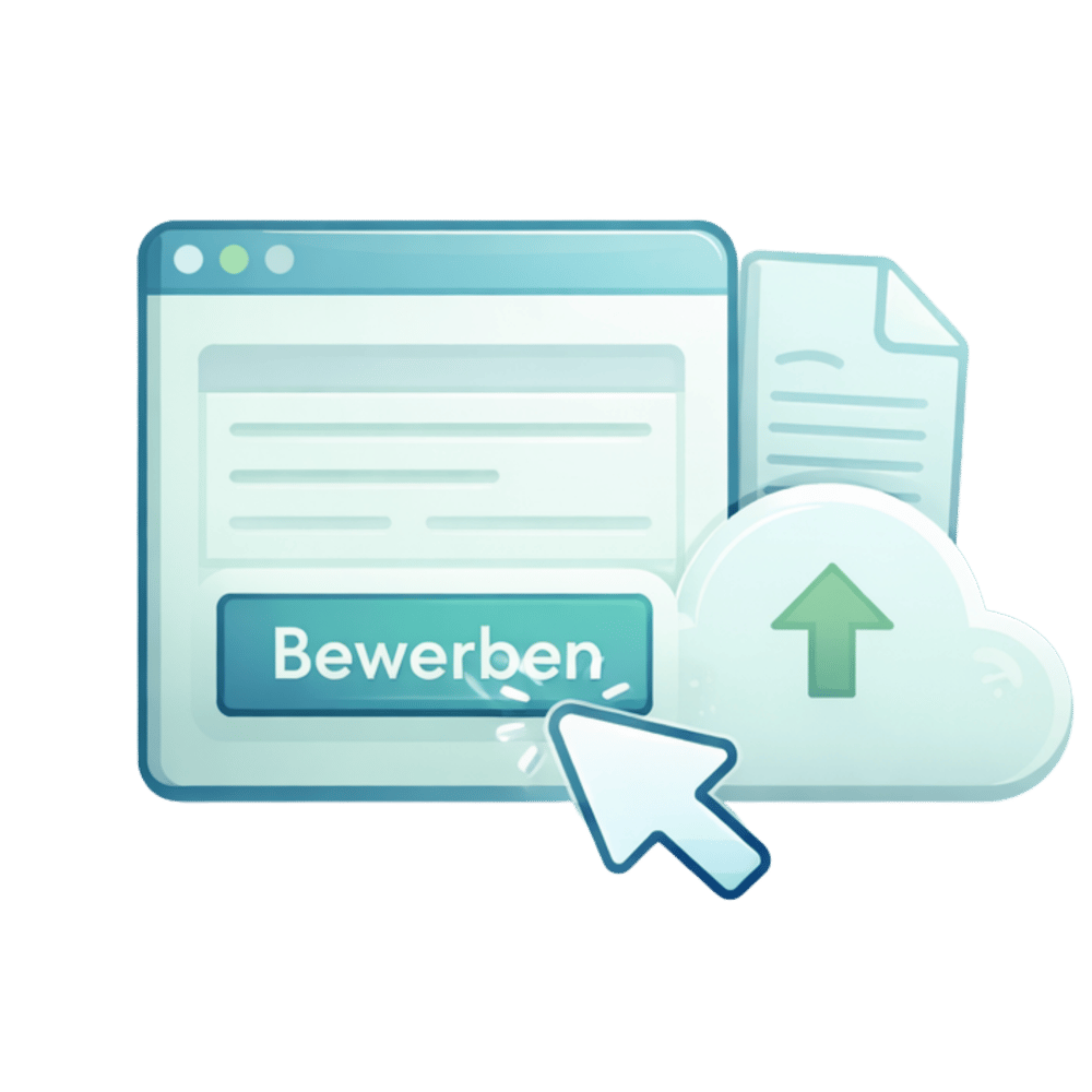 Mauszeiger klickt auf den Button "Bewerben" in einem Formularfenster, daneben eine Cloud und Dokumente.