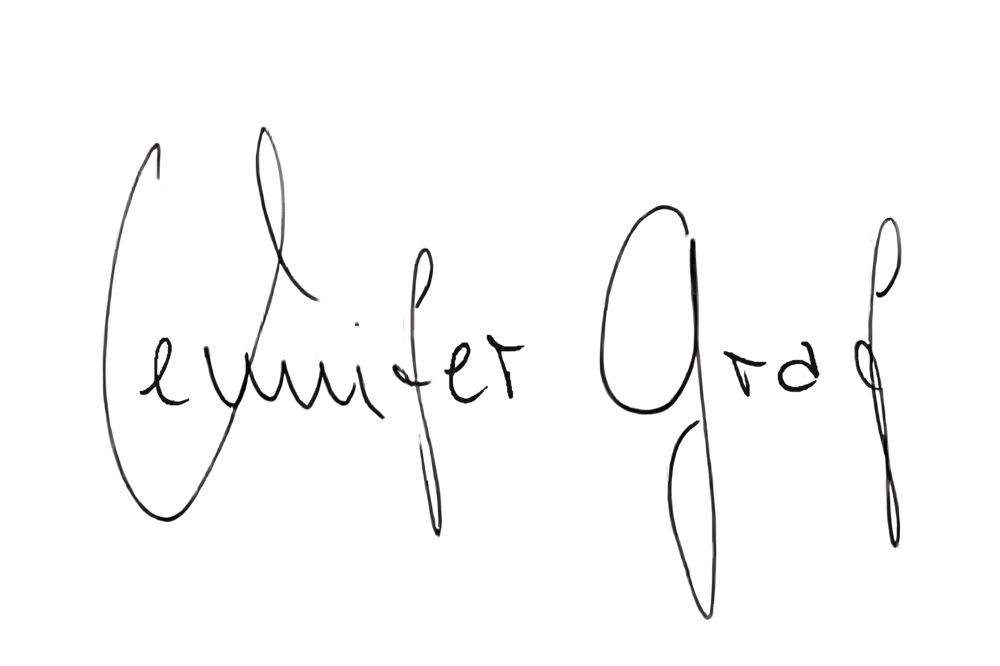 Unterschrift "Jennifer Graf" auf grünem Hintergrund.