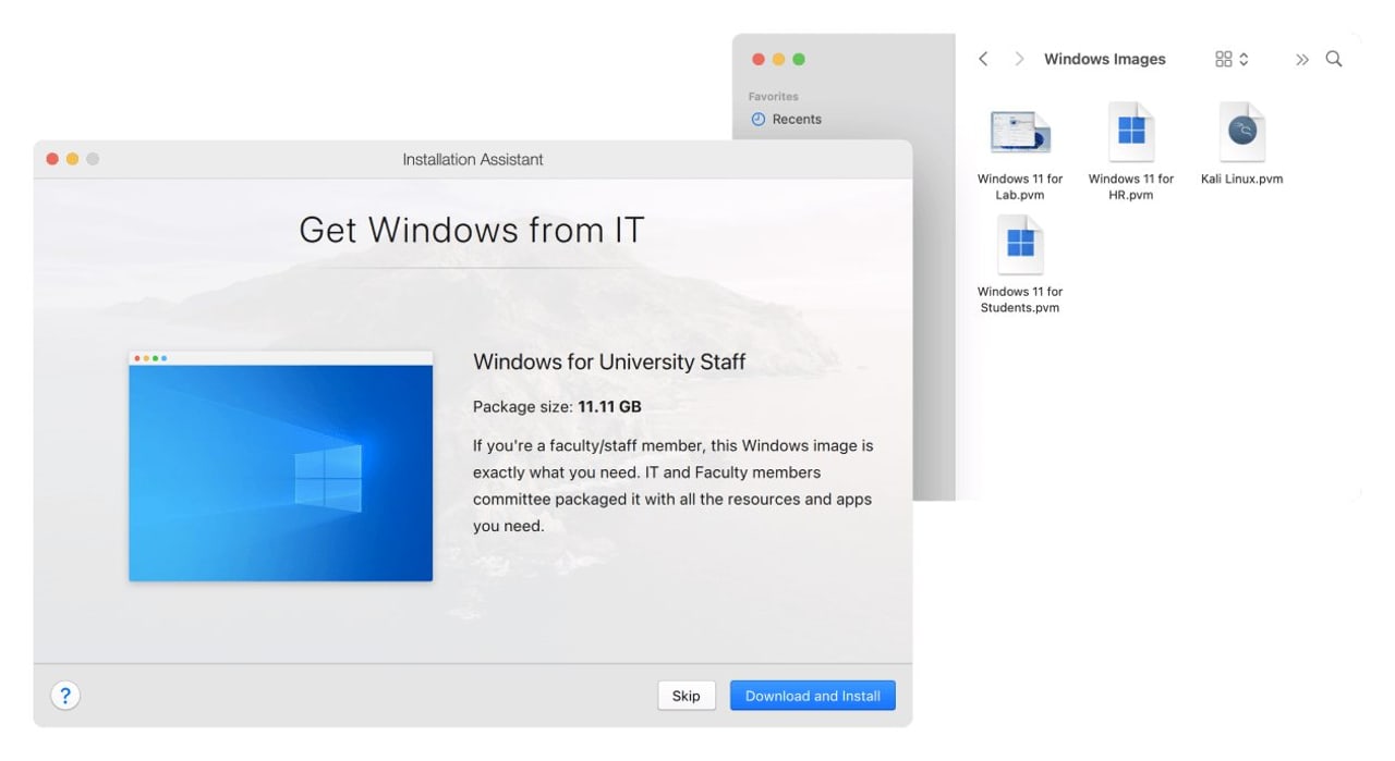Installationsassistent von Parallels Desktop mit der Auswahl einer vom Unternehmen bereitgestellten Windows-Umgebung