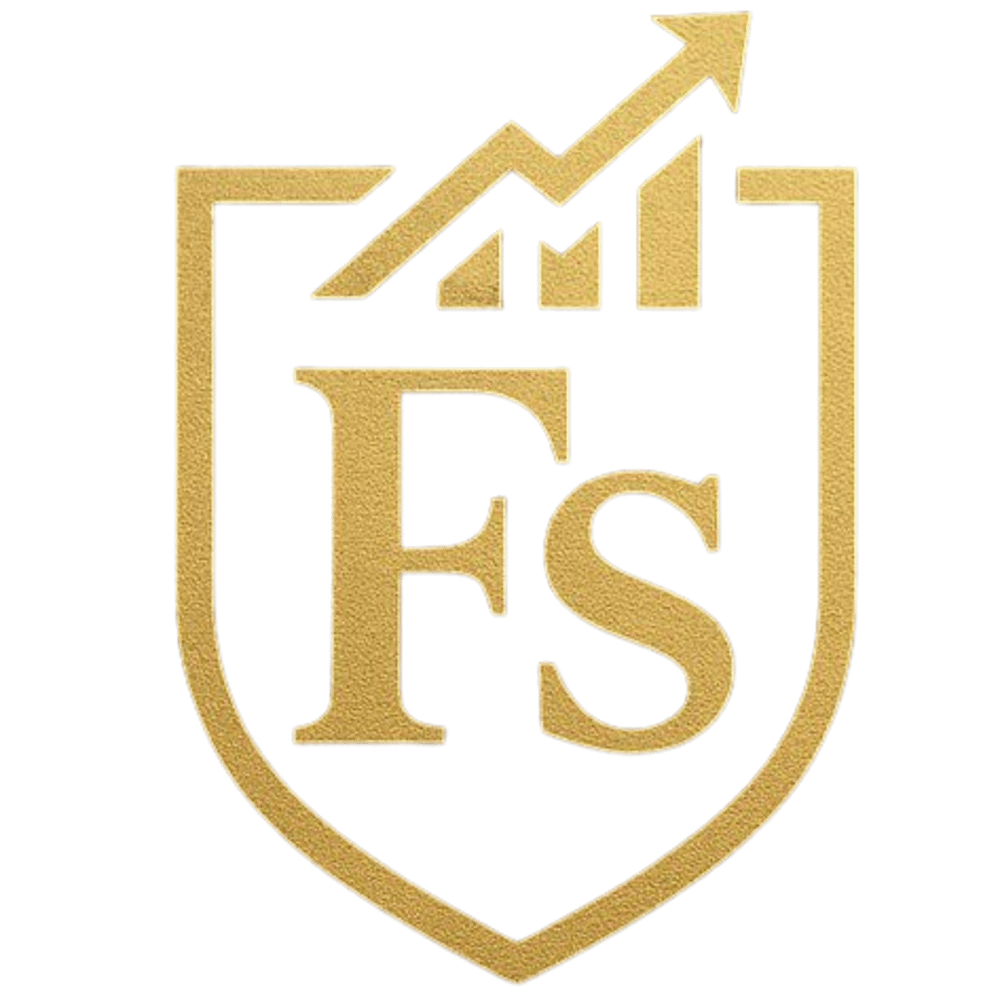 Goldene Doppel-F-Monogramm in einem Kreis auf dunkelgrünem Hintergrund.