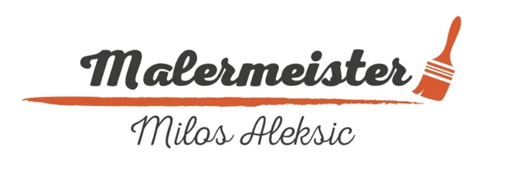 Logo von Malermeister Milos Aleksic mit einem orangefarbenen Pinsel und einem Pinselstrich.