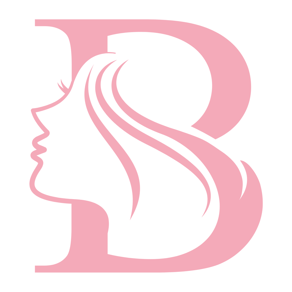 Blassrosafarbener Buchstabe B mit einer weiblichen Silhouette mit langen Haaren, die nach links blickt.