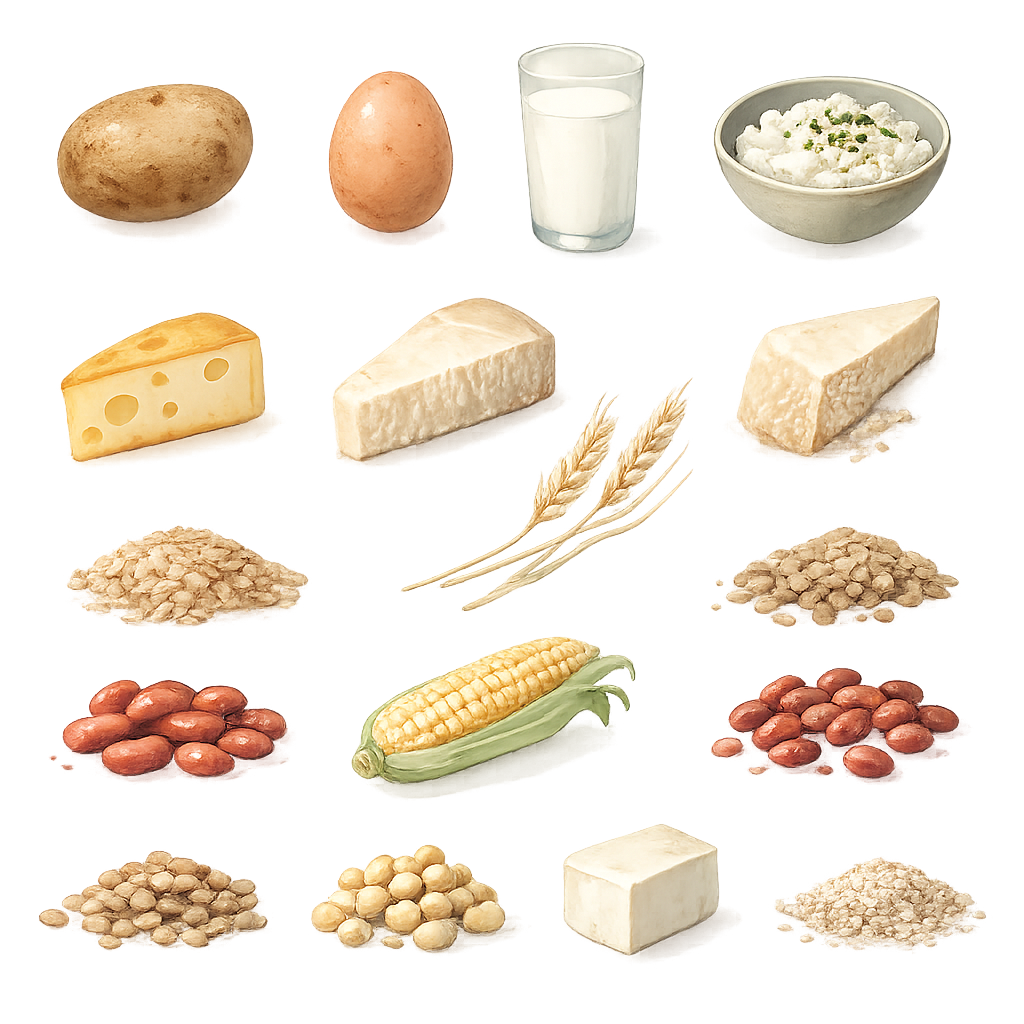 15 Lebensmittel im Überblick: Kartoffel, Ei, Milch, Quark, Käse, Parmesan, Tofu, Reis, Linsen, Bohnen, Mais, Sojabohnen, Hülsenfrüchte und Sesam als Aquarell-Illustration