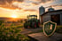 Traktor vor Scheune und Silos bei Sonnenuntergang mit einem Wappenschild-Logo im Vordergrund.