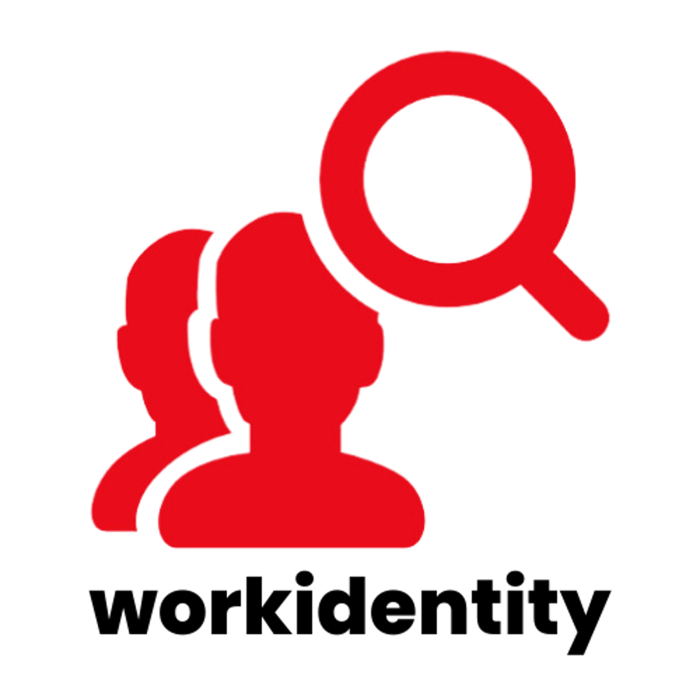 Rote Silhouetten von zwei Personen und einer Lupe über dem Text "workidentity" auf grünem Hintergrund.