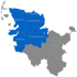 Karte von Schleswig-Holstein: Nordfriesland, Schleswig-Flensburg, Rendsburg-Eckernförde, Dithmarschen blau hervorgehoben.