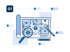 Blaupause eines Grundrisses mit Smart-Home-Symbolen, Lupe, Stiften und Checklisten-Elementen.