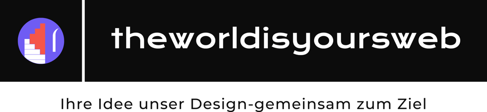 Logo mit „theworldisyoursweb“ und einem violetten Kreis mit roten und weißen Elementen, darunter „Ihre Idee unser Design-gemeinsam zum Ziel“.