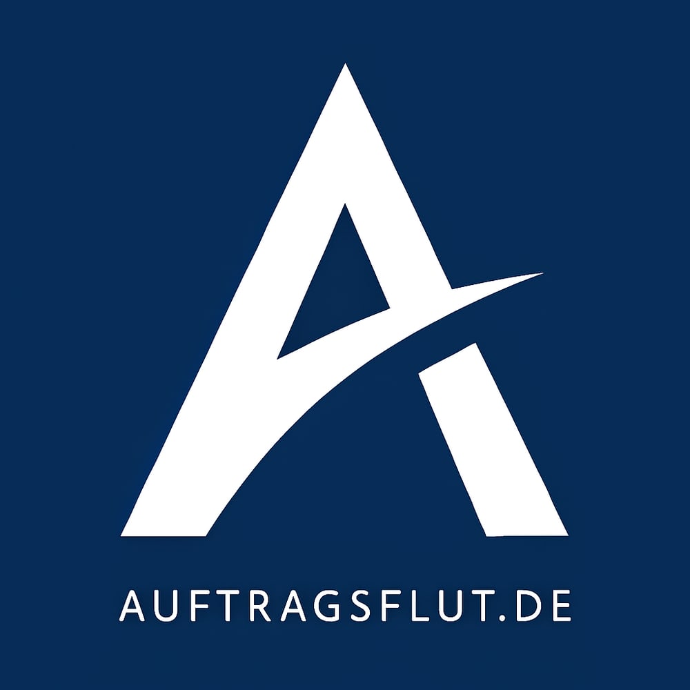Weißes A-Logo mit geschwungenem Querbalken auf blauem Hintergrund, darunter "AUFTRAGSFLUT.DE".