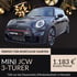 Schwarzer Mini JCW 3-Türer, beworben als "PERFEKT FÜR SPORTLICHE FAHRTEN" für 1.183 € brutto/Monat.