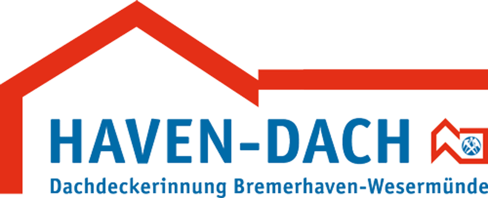 Hafen-Dach Dachdeckerinnung Bremerhaven-Wesermünde Logo mit rotem Dachumriss und kleinem Haus-Symbol.